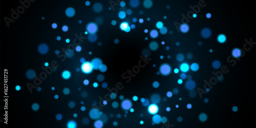 Blue light background with bokeh effect. Color glittering lights on black background. Festive holiday shiny luxury backdrop. Abstract vector illustration.