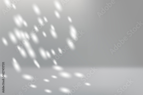 Sunlight shadow background. Soft white light reflections from tree or plant on grey backdrop with natural window light effect. Abstract vector illustration.