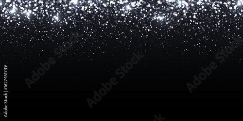 Silver light background with bokeh effect. White glittering lights on black background. Festive holiday shiny luxury backdrop. Abstract vector illustration.