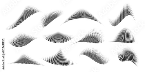 Set of abstract dotted waves. Halftone curved shapes in black color isolated on white background. Curved and twisted gradients forms. Trendy graphic vector illustration.