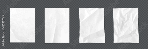 Paper sheets with wrinkles texture. Set of white empty vertical pages with smooth, folded, and wrinkled surfaces. Realistic vector illustration for notes, posters, or design mockups.