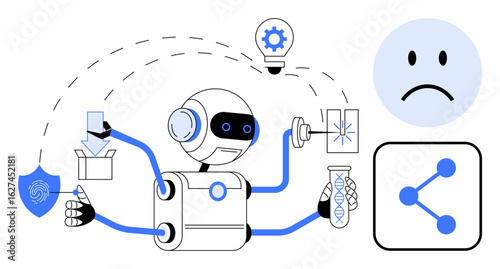 Robot conducting tasks thumbs up file processing, scientific research, innovation, and connection amidst a shield, flask, and technology icons. Ideal for AI, automation, science networking