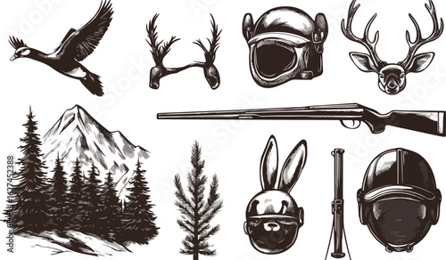 Vintage hunting elements collection featuring wildlife antlers firearm forest and mountain scenery