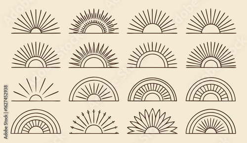 Collection of vintage stylized sunburst and sunrise semicircle graphic elements in a minimalist line art design