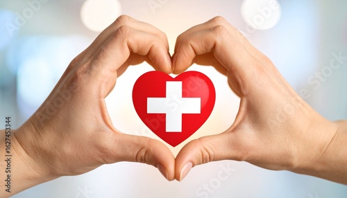 Hands forming a heart with Red Cross logo in the center