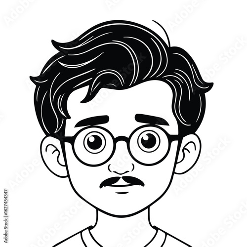 Young male cartoon character in casual attire, displaying a neutral expression with exaggerated eyes and glasses. Portrait of a student in a relaxed pose against a plain background.
