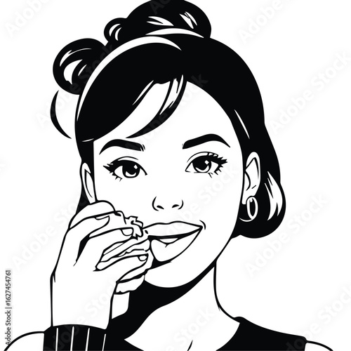 Young woman with upbeat expression in casual attire enjoying a snack in a casual setting. Portrait of a happy young adult consuming food. General public. everyday use.