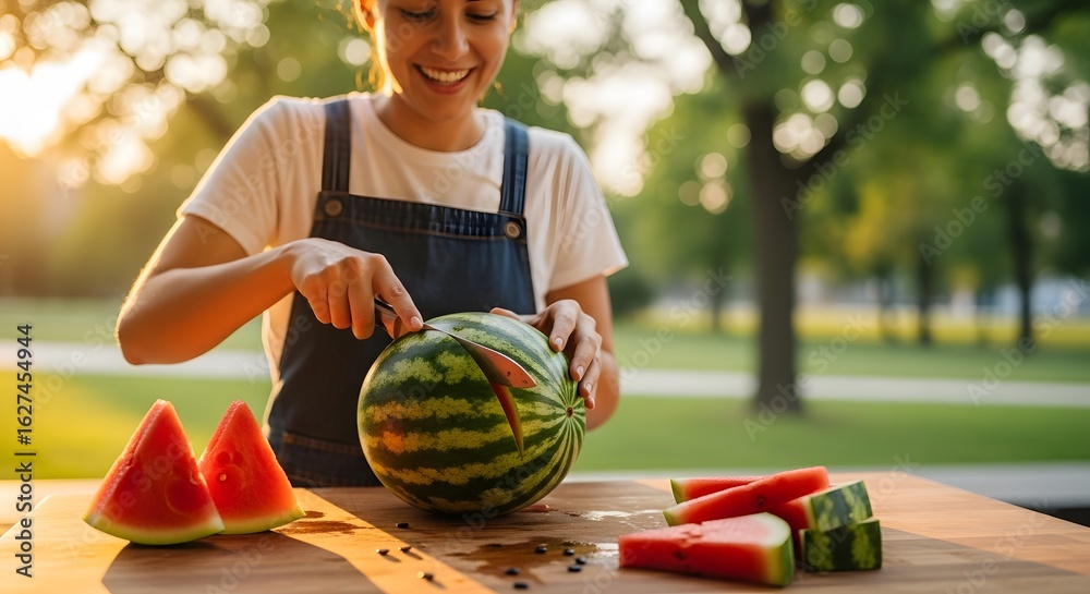Fototapeta premium Woman cutting watermelon on wooden table with green park background and sunset light