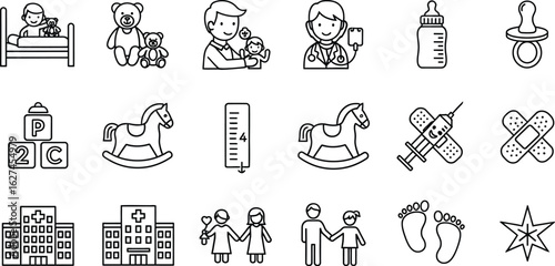 Pediatric healthcare icons featuring a bed, teddy bear, doctor, bottle, pacifier, blocks, horse, ruler, syringe, bandage, hospital, child, footprint, and star