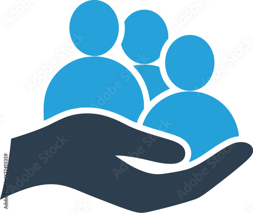 Illustration of a hand holding a group of people representing care support and community involvement in a social context