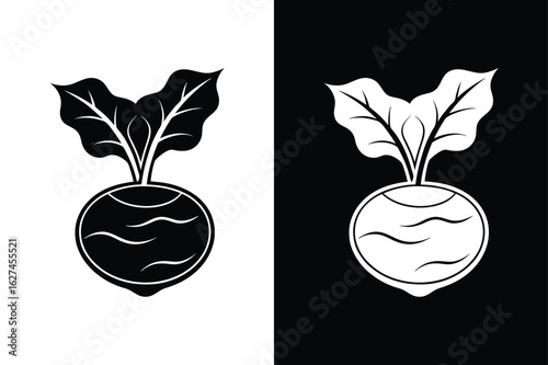 Kohlrabi Bulb and Leaf Icon. Clean Silhouette Vector Illustration
