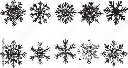 Collection of ten unique black snowflake designs on a white background representing winter and cold weather