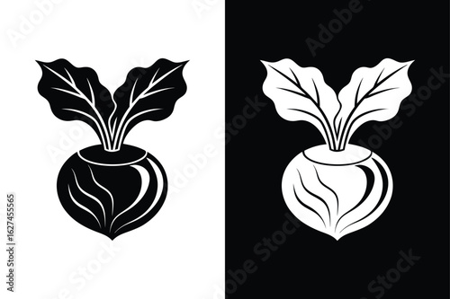 Minimal Kohlrabi Silhouette. Flat Vegetable Vector on White and Black