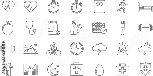 Set of health and wellness icons, representing various aspects of fitness, medical care, healthy lifestyle, and preventative measures for overall wellbeing