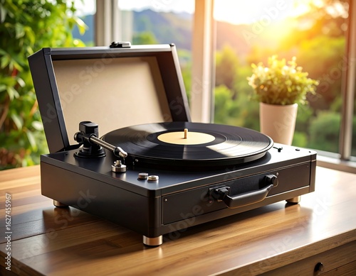 Vintage record player on wooden table evokes nostalgic musical experience and warmth