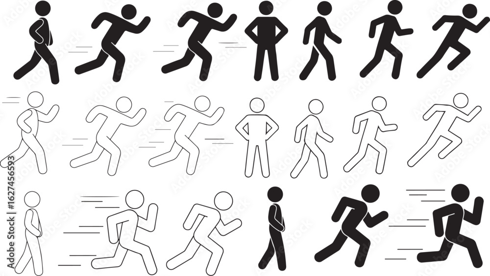 Naklejka premium Collection of stick figure people in various running and walking poses