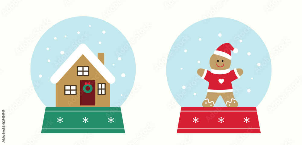 Obraz premium Set of cute Christmas themed snow globe clipart. Includes gingerbread man and gingerbread house. Flat vector stock illustration. Good for greeting card, poster, banner, leaflet.