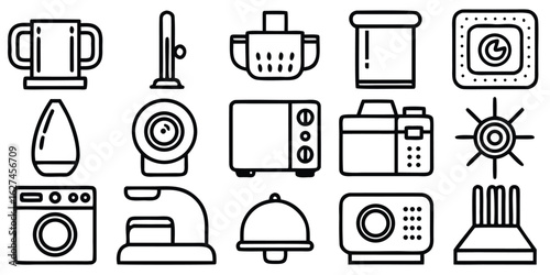 Collection of household appliance icons and kitchenware in a simple line art style