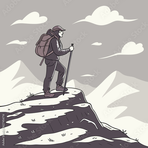 Mountain Hiker Silhouette Vector – Adventurer Climbing Peak in Isolated Minimal Style