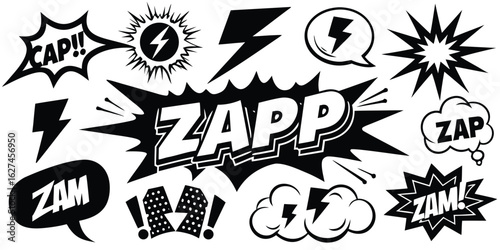 Collection of comic book style sound effects and action words in black and white