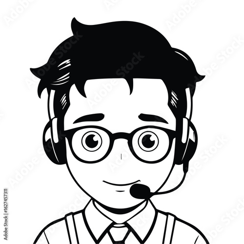 Young male customer service representative wearing glasses and headset, smiling and looking directly at the viewer. A friendly and approachable call center agent in a professional office setting.