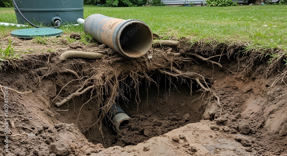 Obraz premium Exposed Septic System Pipe and Roots