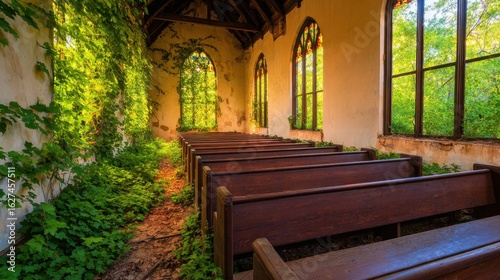 Abandoned chapel overtaken by nature, featuring wooden pews and vibrant greenery in the sunlight