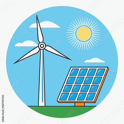 Green alternative energy landscape with wind turbines and solar panels generating electricity