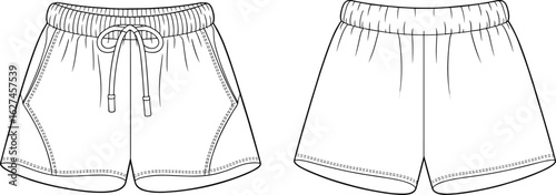 Vector fashion flat sketch of men's shorts, front and back view, drawstring waist design, casual sportswear template, clothing technical drawing for apparel mockup