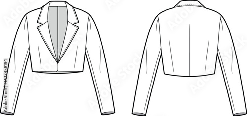 Cad drawing flat vector illustration, cropped blazer sketch, front and back view, notched lapel, long sleeve, button closure, garment construction, fashion design