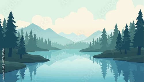 Serene Mountain Lake Landscape with Conifer Trees and Blue Sky