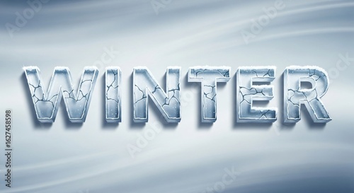 Word WINTER in a bold 3D metallic icy font with frozen textures and snowflakes on a blurred cold blue and white bokeh background