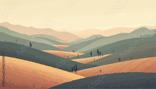 Abstract Landscape of Rolling Hills in Soft Pastel Colors with Trees and Layered Mountains