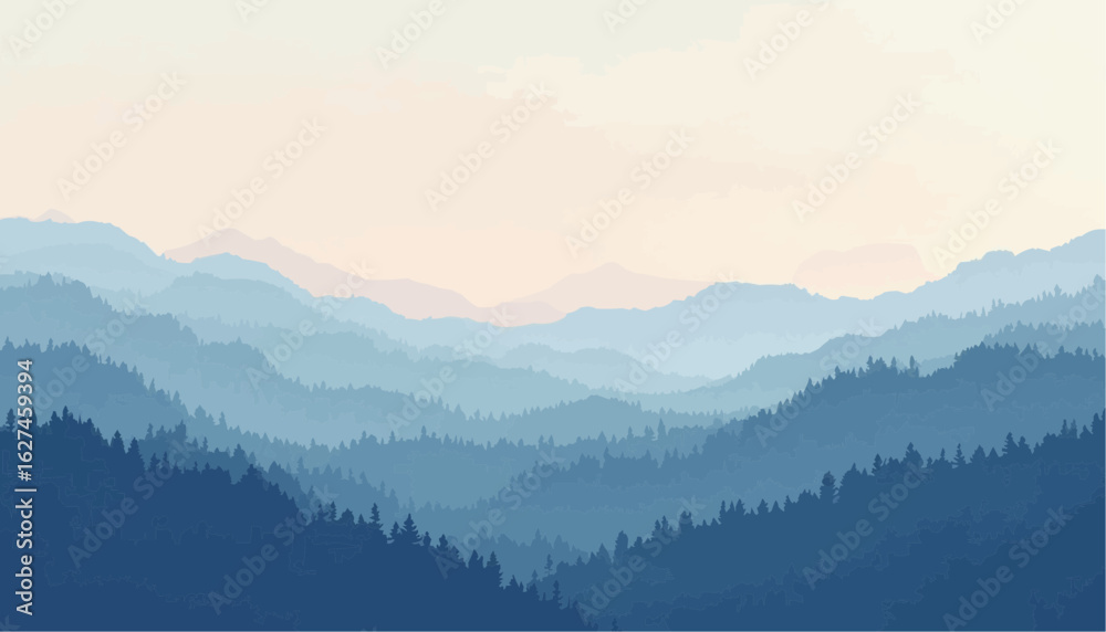 Obraz premium Serene Blue Mountain Landscape with Layers of Forested Hills and Soft Sky