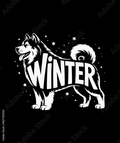 Husky dog typography illustration, Winter text in animal shape, monochrome vector