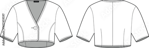 Cad drawing flat vector illustration, cropped jacket sketch, front and back view, V-neckline, curved hem, elbow sleeve, visible stitching, garment construction