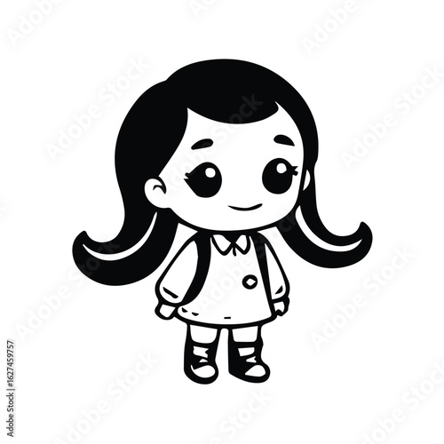 Cute girl student in school uniform standing in front of plain background. Smiling and carrying a backpack. Female child in student role at school. A charming digital illustration.