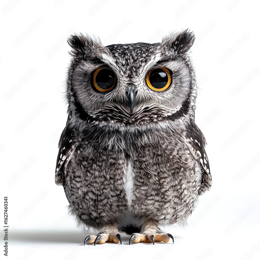 Fototapeta premium scops owl sitting still, small compact body covered in mottled brown and gray feathers, short ear tufts raised, large golden eyes staring