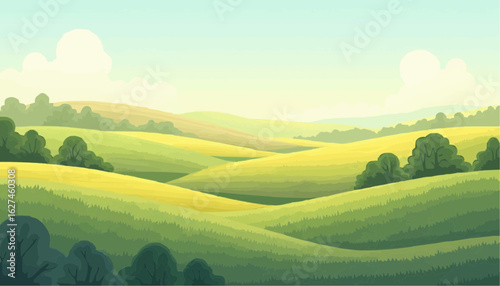 Idyllic Green Rolling Hills Landscape with Bright Sky and Soft Clouds