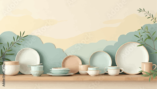 Minimalist Ceramic Dishware Set on Wooden Shelf with Green Foliage and Soft Cloud Background