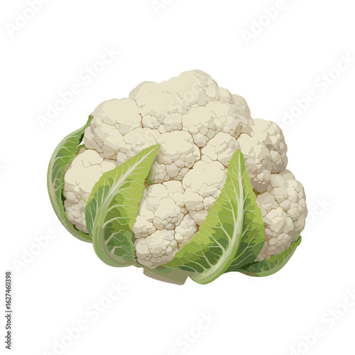 Fresh cauliflower head with vibrant green leaves, a nutritious vegetable bounty for healthy eating and culinary creations, isolated on white background.