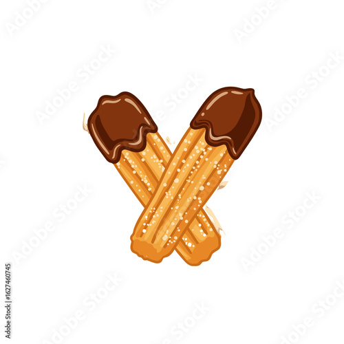 Two delicious churros covered in rich chocolate sauce, creating a sweet and tempting treat for dessert lovers, perfect for any celebration.