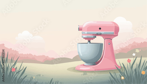 Pink Stand Mixer in Outdoor Garden Scene with Soft Pastel Colors and Calm Atmosphere