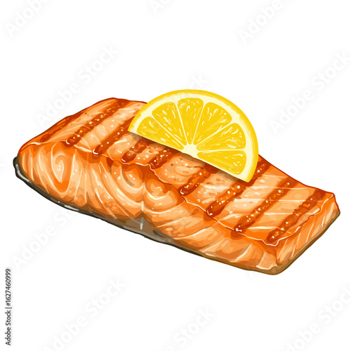 Delicious grilled salmon fillet with lemon slice illustration showcasing vibrant colors and appetizing grill marks, perfect for culinary and healthy eating themes