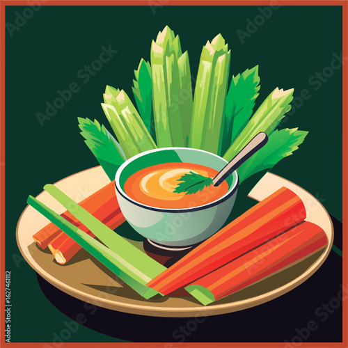 Celery sticks and carrots with dip.