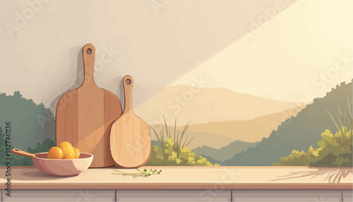 Minimalist Kitchen Counter with Wooden Cutting Boards and Bowl of Lemons in Soft Natural Light