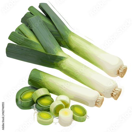 Fresh leeks with green leaves and white bulbs arranged in a group, some sliced, creating a vibrant and healthy vegetable display with detailed textures and colors