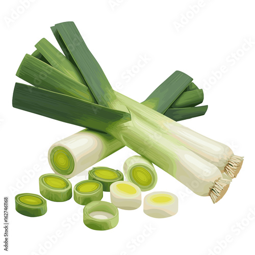 Fresh leeks arranged with sliced pieces showcasing vibrant green leaves and white stalks, a healthy vegetable illustration for cooking enthusiasts