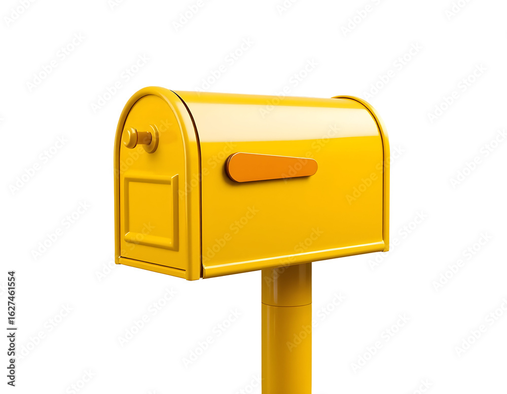Bright Yellow 3D Cartoon Mailbox with Flag on a Post Bright Yellow 3D Cartoon Mailbox with Flag on a Post