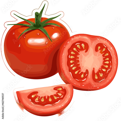 Fresh red tomato illustration featuring whole, half, and slice with vibrant color and realistic details, perfect for culinary designs